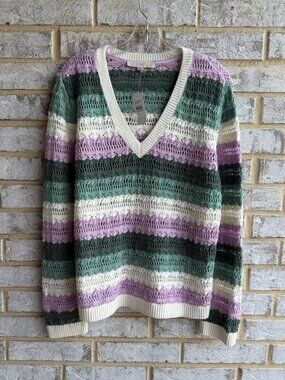 LOFT Long Sleeve V-Neck Multicolor Striped Cotton Blend Open Knit Sweater Size L